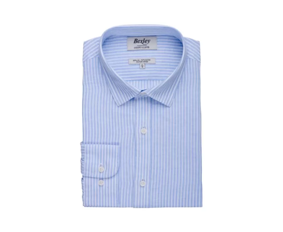 New Camisa de algodón y lino con rayas Celeste y blanco Edibert Camisas De Rayas | Corte Ajustado Recortado