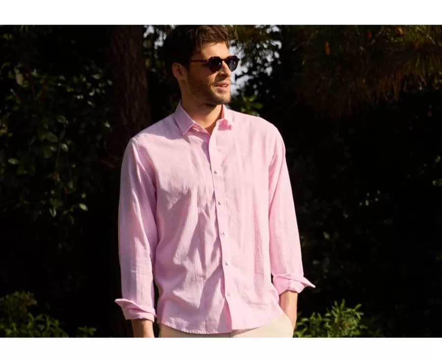 Sale Camisa de algodón y lino Rosa y Borde blanco Edibert Camisas De Boda | Camisas De Rayas