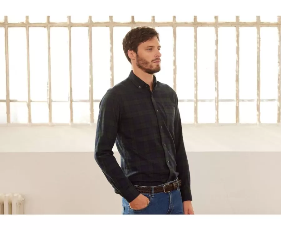 Store Camisa de franela Marino y Verde Oscuro - Bolsillo en el pecho Andrick Camisas De Cuadros | Camisas De Franela & Terciopelo
