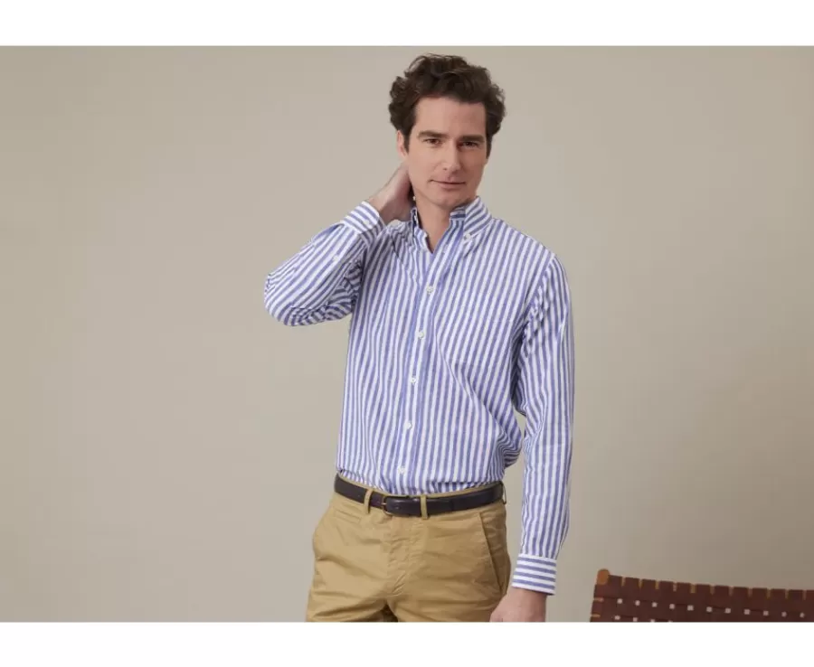 Cheap Camisa de lino y algodón Azul océano y Blanco Colten Camisas De Rayas | Corte Estándar