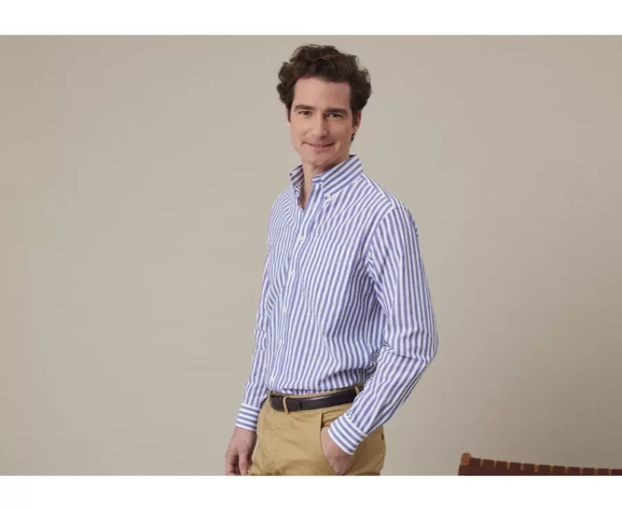 Cheap Camisa de lino y algodón Azul océano y Blanco Colten Camisas De Rayas | Corte Estándar