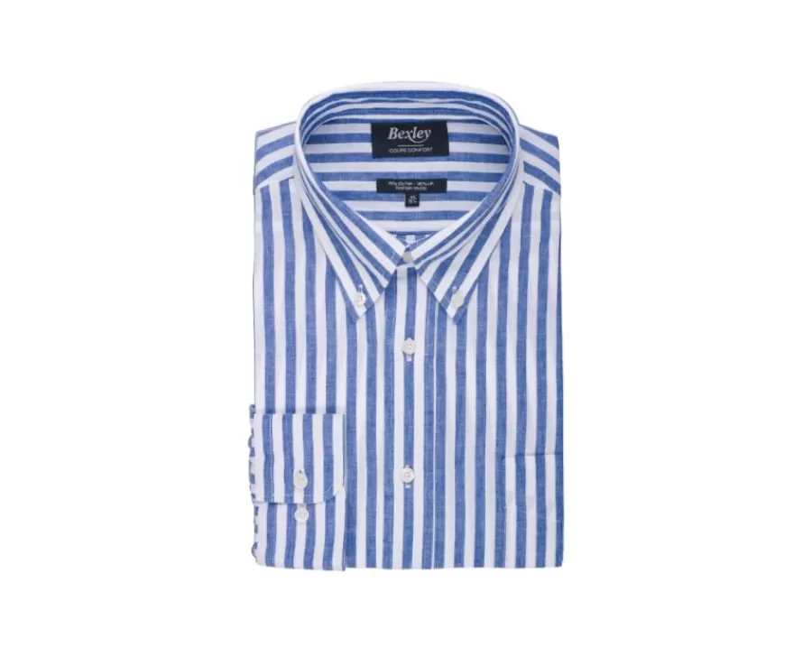 Cheap Camisa de lino y algodón Azul océano y Blanco Colten Camisas De Rayas | Corte Estándar