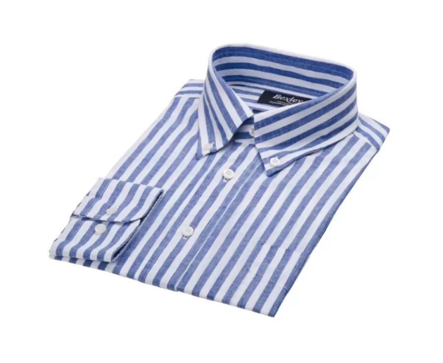 Cheap Camisa de lino y algodón Azul océano y Blanco Colten Camisas De Rayas | Corte Estándar