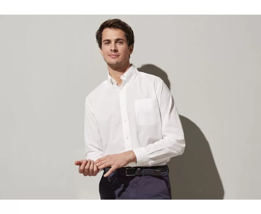 New Camisa de lino y algodón blanca - Bolsillo en el pecho Colten Camisas Blancas | Corte Estándar
