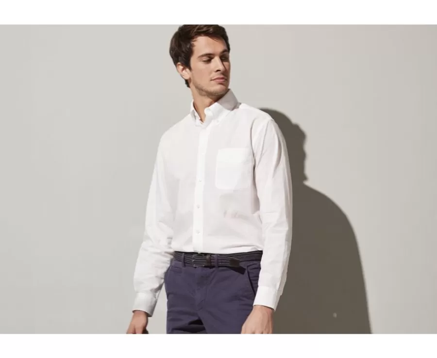 New Camisa de lino y algodón blanca - Bolsillo en el pecho Colten Camisas Blancas | Corte Estándar