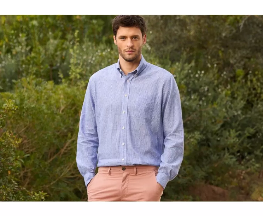 Flash Sale Camisa de lino y algodón Chambray Azul y borde Blanco Colten Camisas De Rayas | Corte Estándar