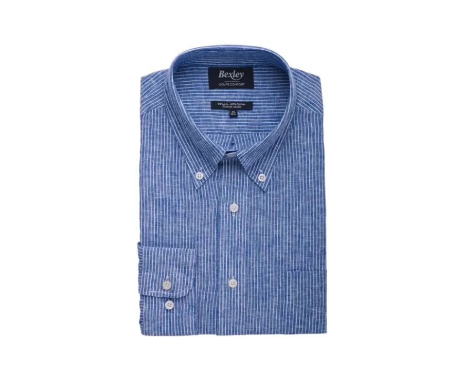 Flash Sale Camisa de lino y algodón Chambray Azul y borde Blanco Colten Camisas De Rayas | Corte Estándar