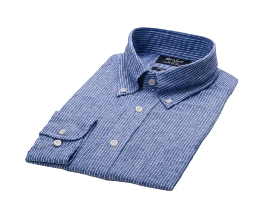 Flash Sale Camisa de lino y algodón Chambray Azul y borde Blanco Colten Camisas De Rayas | Corte Estándar
