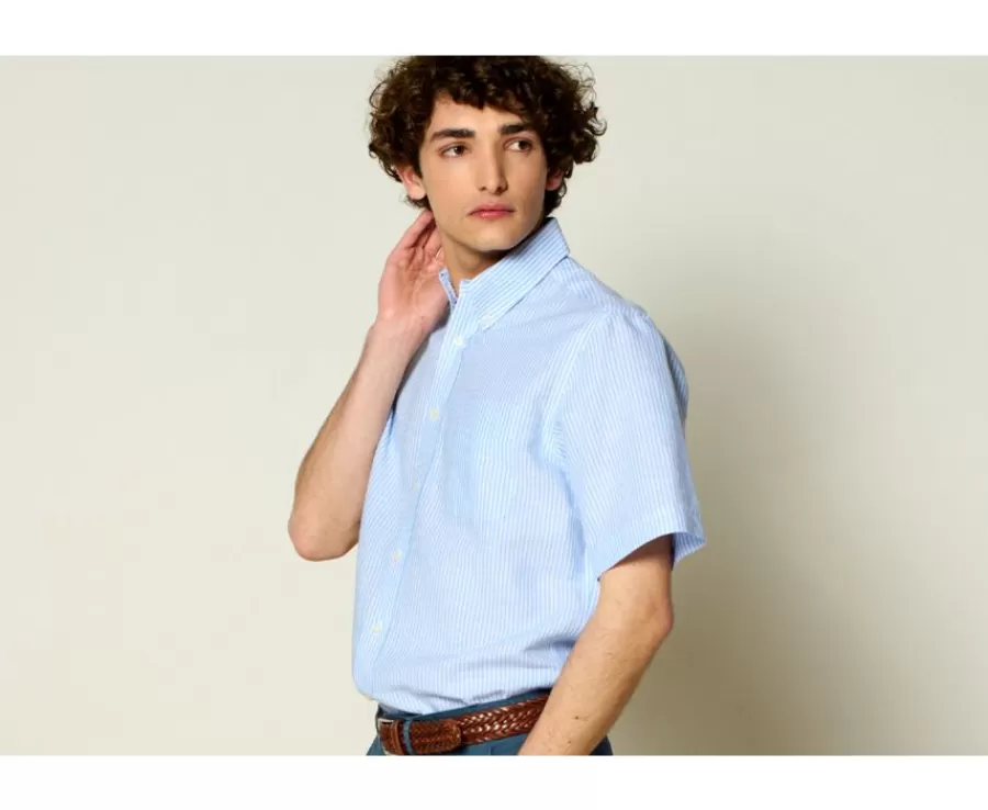 Cheap Camisa de lino y algodón Chambray Celeste y Blanco - Bolsillo en el pecho Colten Mc Camisas De Rayas | Corte Estándar