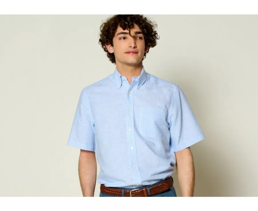 Cheap Camisa de lino y algodón Chambray Celeste y Blanco - Bolsillo en el pecho Colten Mc Camisas De Rayas | Corte Estándar
