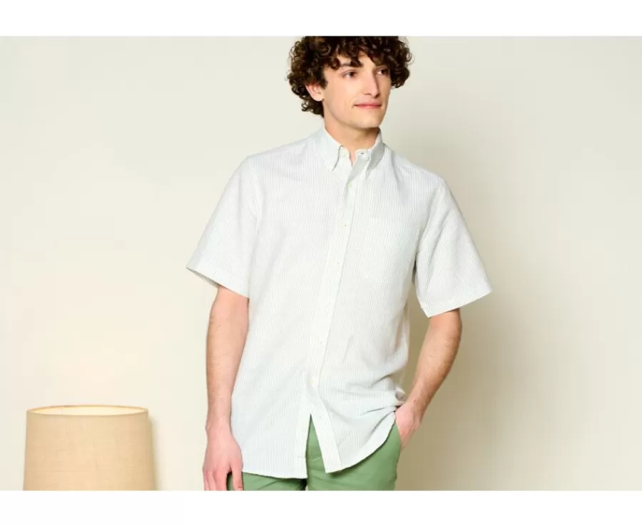 Store Camisa de lino y algodón Chambray Verde tila y Blanco - Bolsillo en el pecho Colten Mc Camisas De Rayas | Corte Estándar