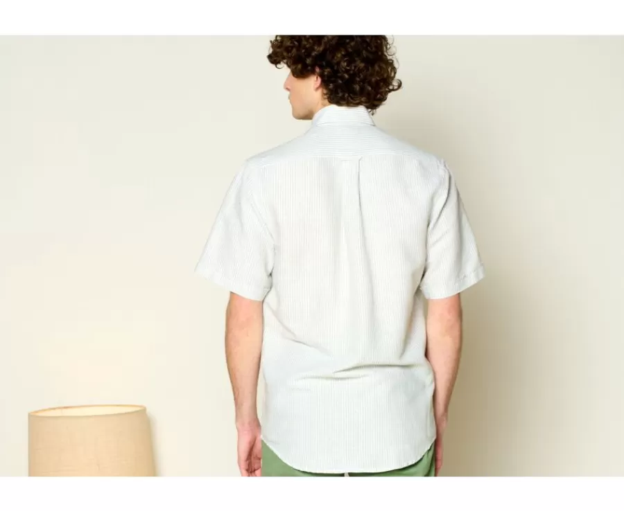 Store Camisa de lino y algodón Chambray Verde tila y Blanco - Bolsillo en el pecho Colten Mc Camisas De Rayas | Corte Estándar