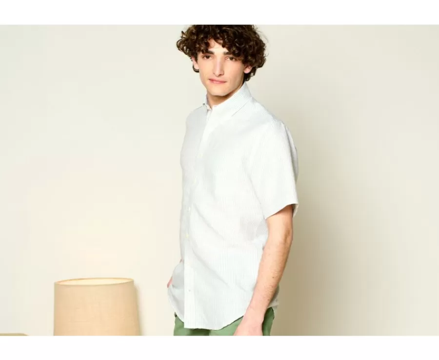Store Camisa de lino y algodón Chambray Verde tila y Blanco - Bolsillo en el pecho Colten Mc Camisas De Rayas | Corte Estándar