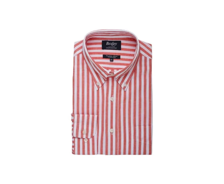 New Camisa de lino y algodón Coral y Blanco Colten Camisas De Rayas | Corte Estándar