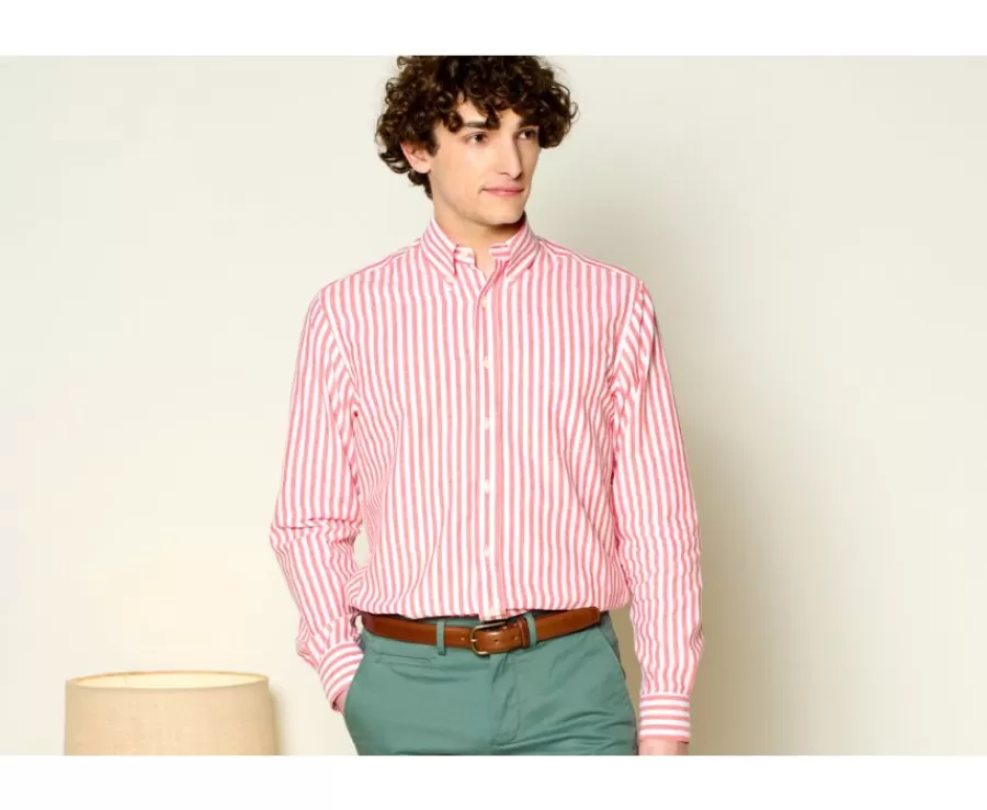 New Camisa de lino y algodón Coral y Blanco Colten Camisas De Rayas | Corte Estándar