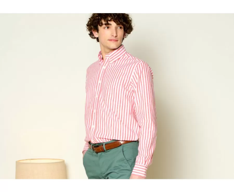 New Camisa de lino y algodón Coral y Blanco Colten Camisas De Rayas | Corte Estándar
