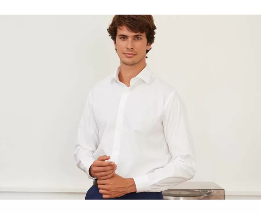 Hot Camisa de popelina de algodón blanca - Cuello italiano Ludovico Classic Camisas De Boda | Camisas De Vestir