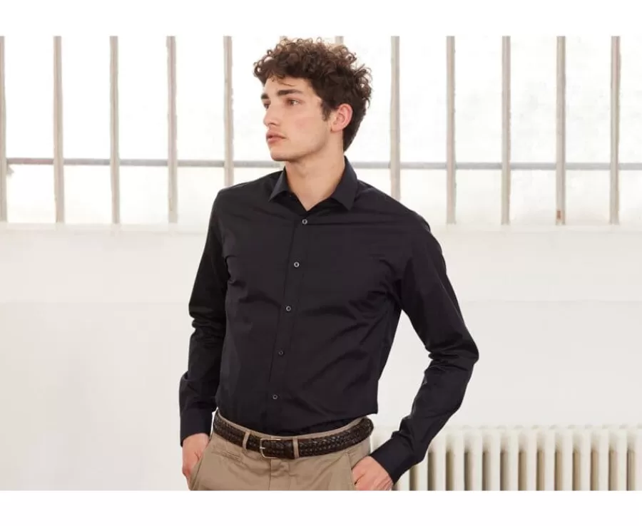 Sale Camisa de popelina de algodón negra - Cuello francés Louis Corte Ajustado