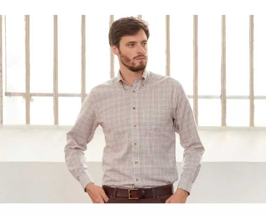Fashion Camisa de sarga de cuadros Beis - Bolsillo en el pecho Benetth Camisas De Cuadros | Corte Estándar