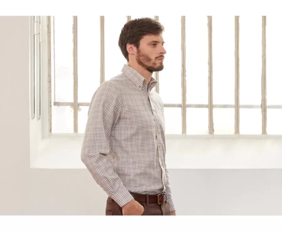 Fashion Camisa de sarga de cuadros Beis - Bolsillo en el pecho Benetth Camisas De Cuadros | Corte Estándar
