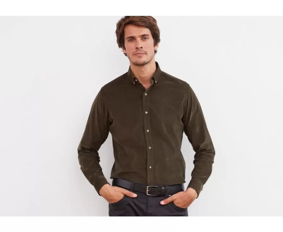 Discount Camisa de terciopelo Caqui - Cuello americano Wayne Camisas De Franela & Terciopelo | Corte Ajustado Recortado