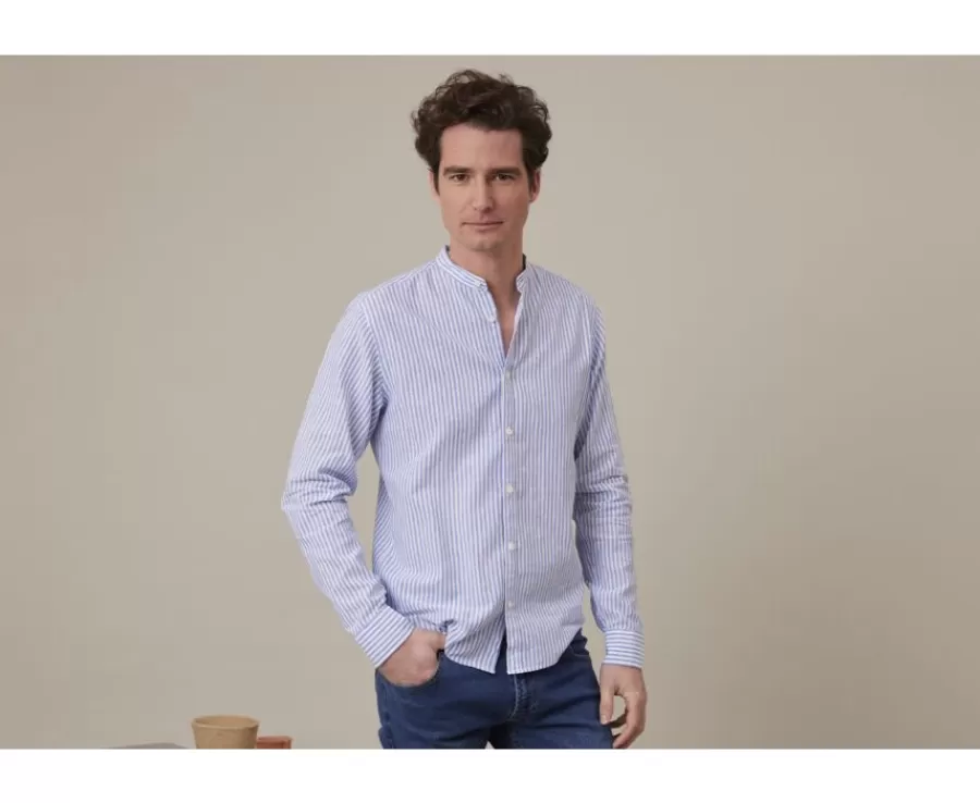 Flash Sale Camisa lisa de lino de algodón Azul océano y Blanco Elibert Camisas De Rayas | Corte Ajustado Recortado