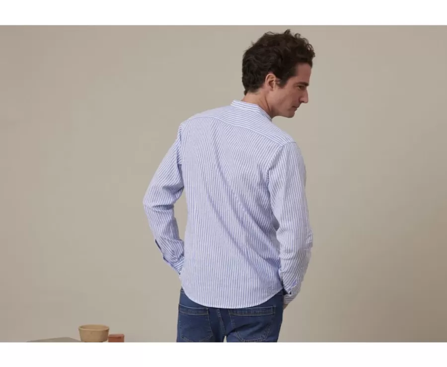 Flash Sale Camisa lisa de lino de algodón Azul océano y Blanco Elibert Camisas De Rayas | Corte Ajustado Recortado