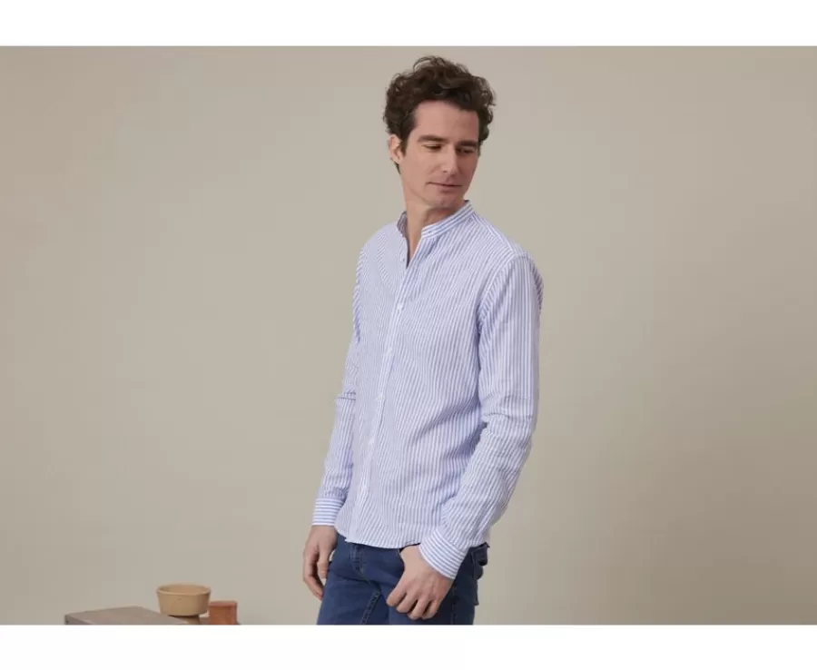 Flash Sale Camisa lisa de lino de algodón Azul océano y Blanco Elibert Camisas De Rayas | Corte Ajustado Recortado