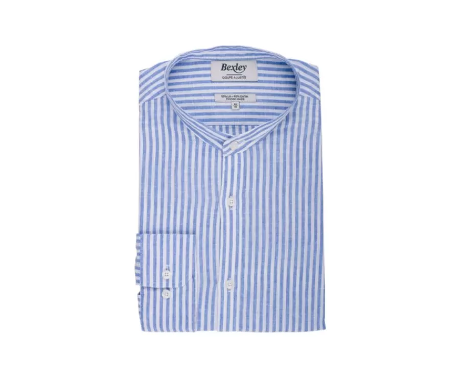 Flash Sale Camisa lisa de lino de algodón Azul océano y Blanco Elibert Camisas De Rayas | Corte Ajustado Recortado