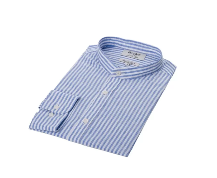 Flash Sale Camisa lisa de lino de algodón Azul océano y Blanco Elibert Camisas De Rayas | Corte Ajustado Recortado
