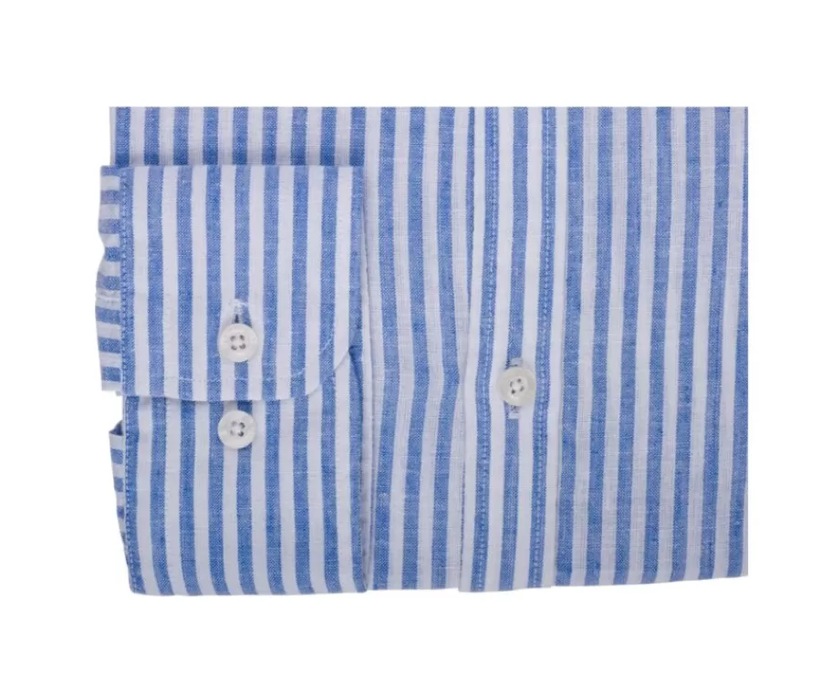 Flash Sale Camisa lisa de lino de algodón Azul océano y Blanco Elibert Camisas De Rayas | Corte Ajustado Recortado