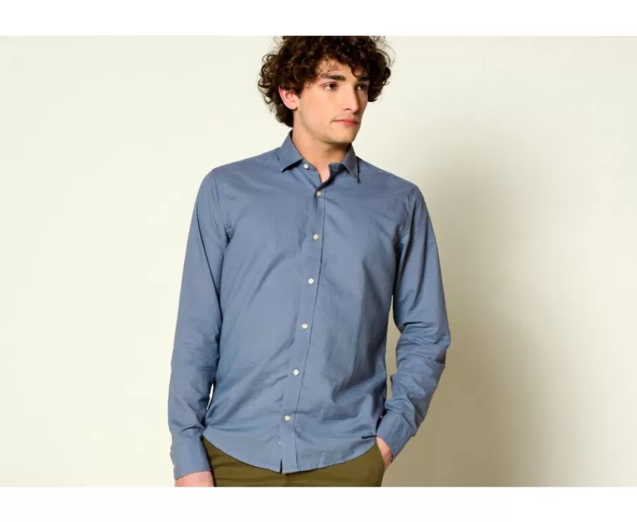 Hot Camisa lisa de lino de algodón Azul Tormenta Silbert Corte Ajustado Recortado | Corte Ajustado