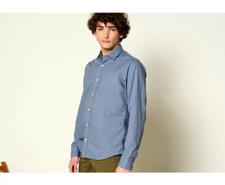 Hot Camisa lisa de lino de algodón Azul Tormenta Silbert Corte Ajustado Recortado | Corte Ajustado