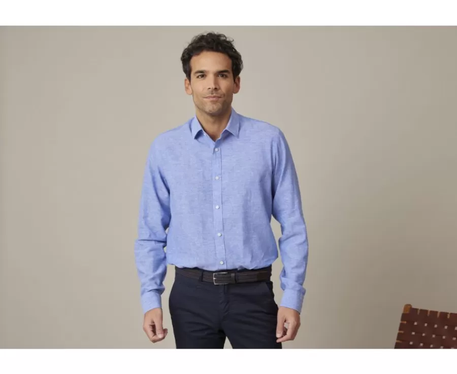 Sale Camisa lisa de lino de algodón Chambray Azul & Océano Silbert Corte Ajustado Recortado | Corte Ajustado