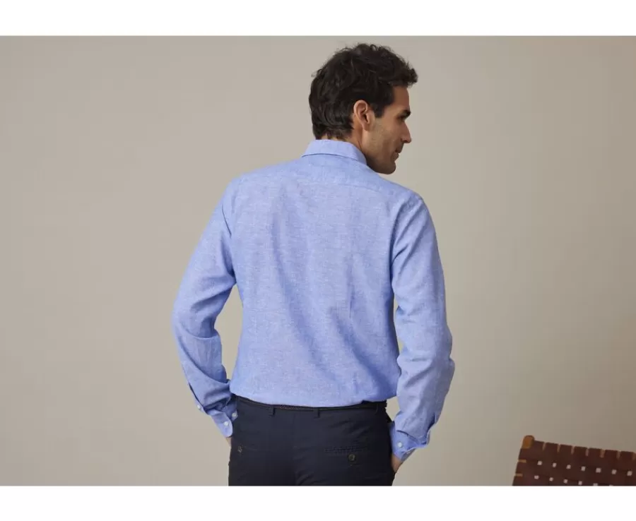 Sale Camisa lisa de lino de algodón Chambray Azul & Océano Silbert Corte Ajustado Recortado | Corte Ajustado