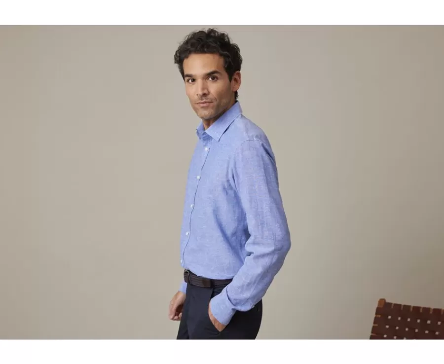 Sale Camisa lisa de lino de algodón Chambray Azul & Océano Silbert Corte Ajustado Recortado | Corte Ajustado