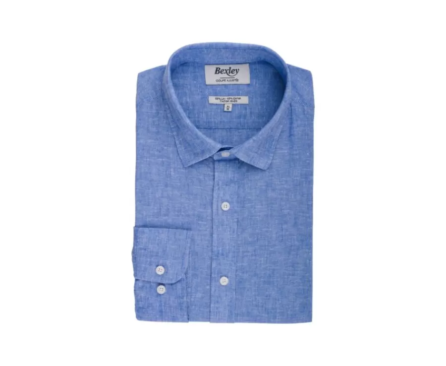 Sale Camisa lisa de lino de algodón Chambray Azul & Océano Silbert Corte Ajustado Recortado | Corte Ajustado