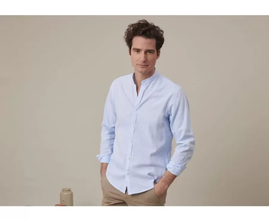 Clearance Camisa lisa de lino de algodón Chambray Azul claro Elibert Camisas De Rayas | Corte Ajustado Recortado