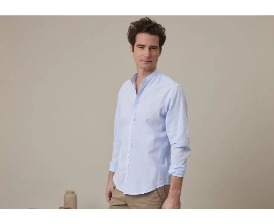 Clearance Camisa lisa de lino de algodón Chambray Azul claro Elibert Camisas De Rayas | Corte Ajustado Recortado