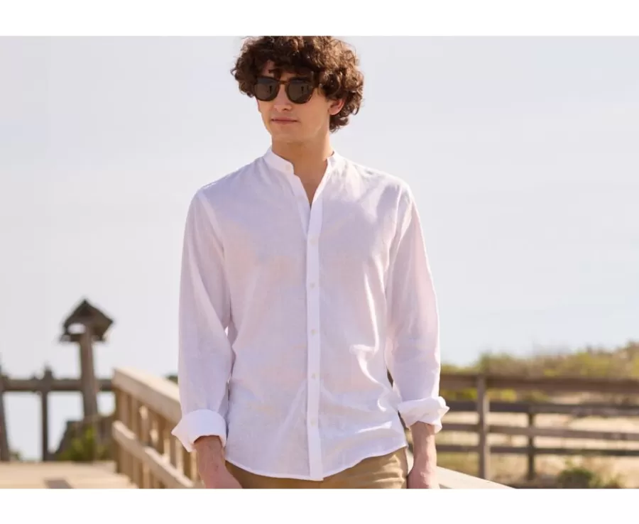 Cheap Camisa lisa de lino de algodón Chambray Blanco Elibert Camisas Blancas | Corte Ajustado Recortado