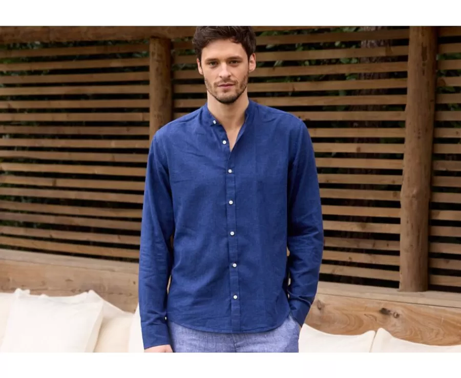 Store Camisa lisa de lino de algodón Chambray Indigo Elibert Corte Ajustado Recortado | Corte Ajustado