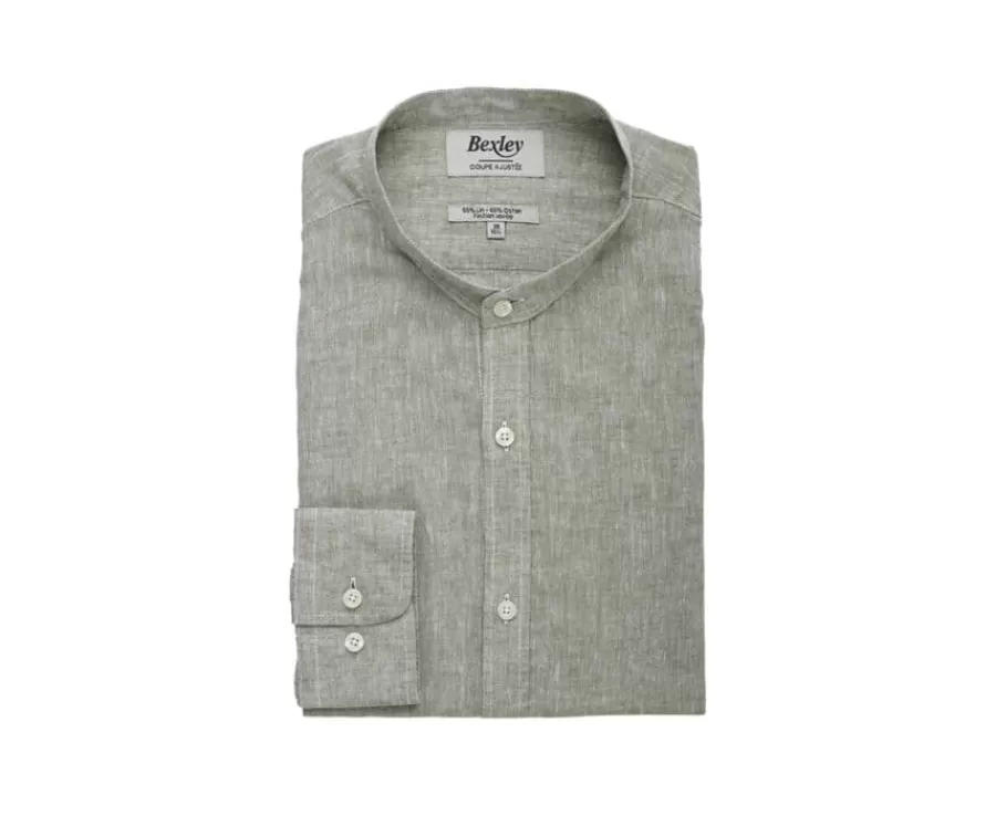 Shop Camisa lisa de lino de algodón Chambray Verde Caqui Elibert Corte Ajustado Recortado | Corte Ajustado