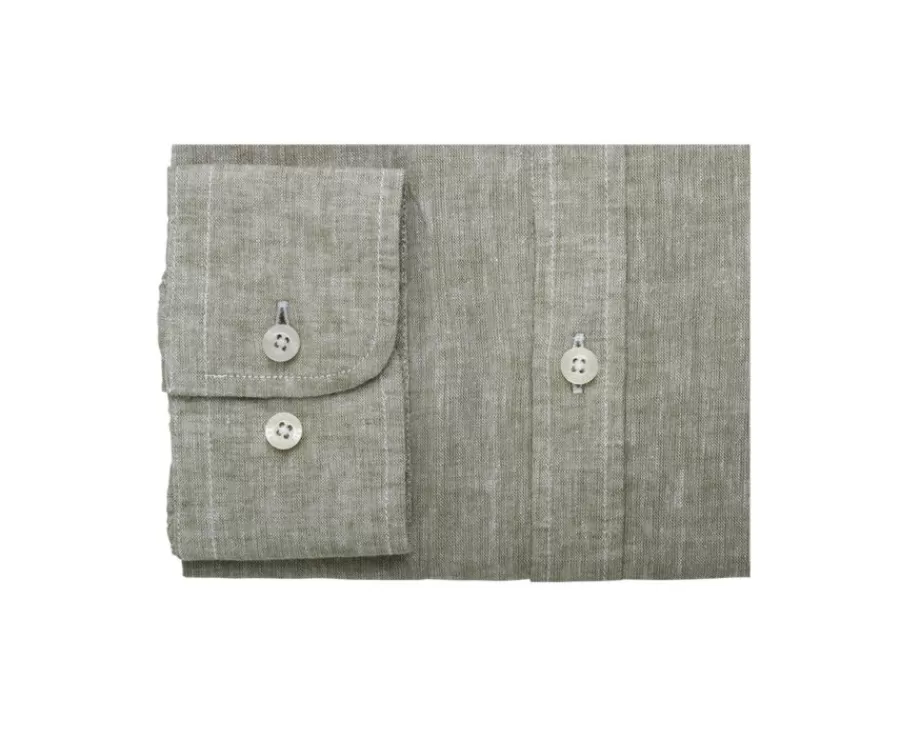 Shop Camisa lisa de lino de algodón Chambray Verde Caqui Elibert Corte Ajustado Recortado | Corte Ajustado