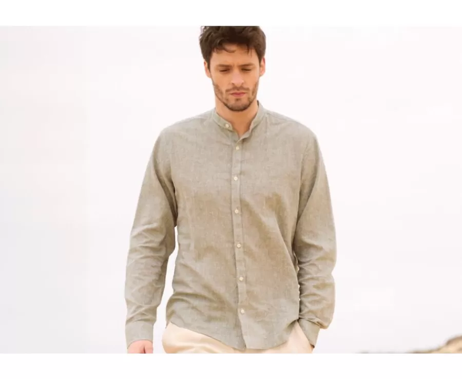 Shop Camisa lisa de lino de algodón Chambray Verde Caqui Elibert Corte Ajustado Recortado | Corte Ajustado