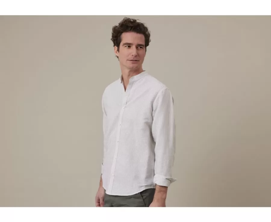 Store Camisa lisa de lino de algodón Verdetila y Blanco Elibert Camisas De Rayas | Corte Ajustado Recortado