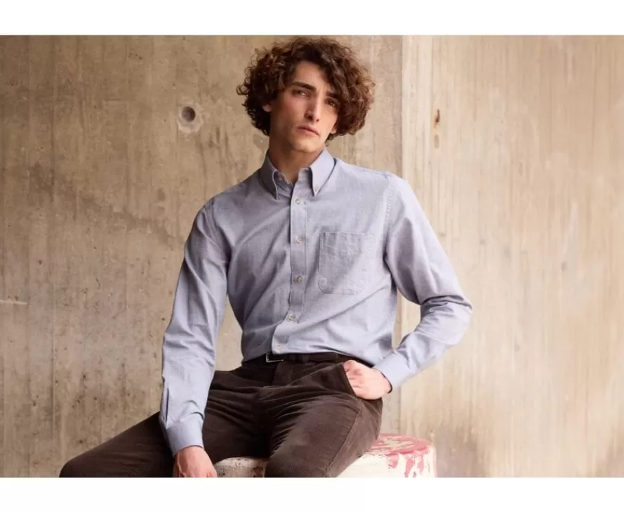 Best Sale Camisa Oxford de algodón Azul vaquero - Cuello americano Varick Camisas De Franela & Terciopelo | Corte Estándar