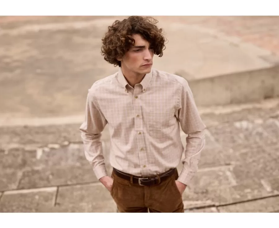 Clearance Camisa Oxford de algodón Beis y Blanco - Cuello americano Valden Camisas De Cuadros | Camisas De Franela & Terciopelo