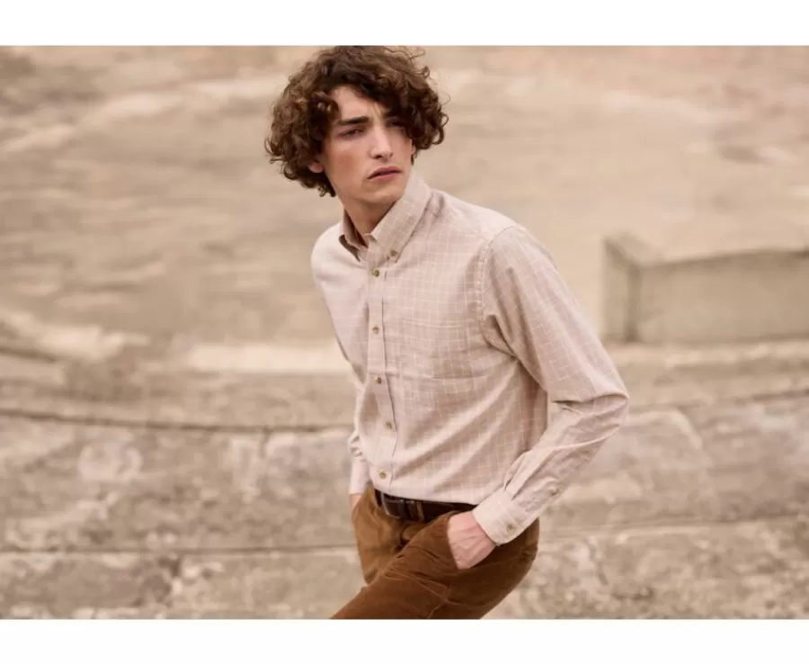 Clearance Camisa Oxford de algodón Beis y Blanco - Cuello americano Valden Camisas De Cuadros | Camisas De Franela & Terciopelo