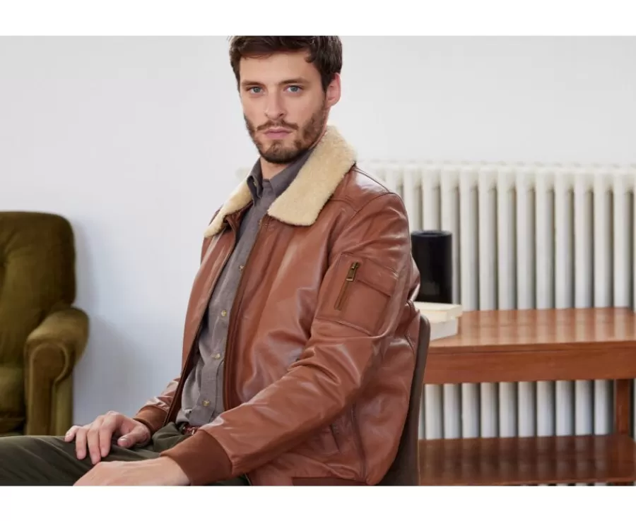 Best Sale Chaqueta bomber de cuero para hombre Coñac Everett Ii Cazadoras Y Chaquetas De Cuero