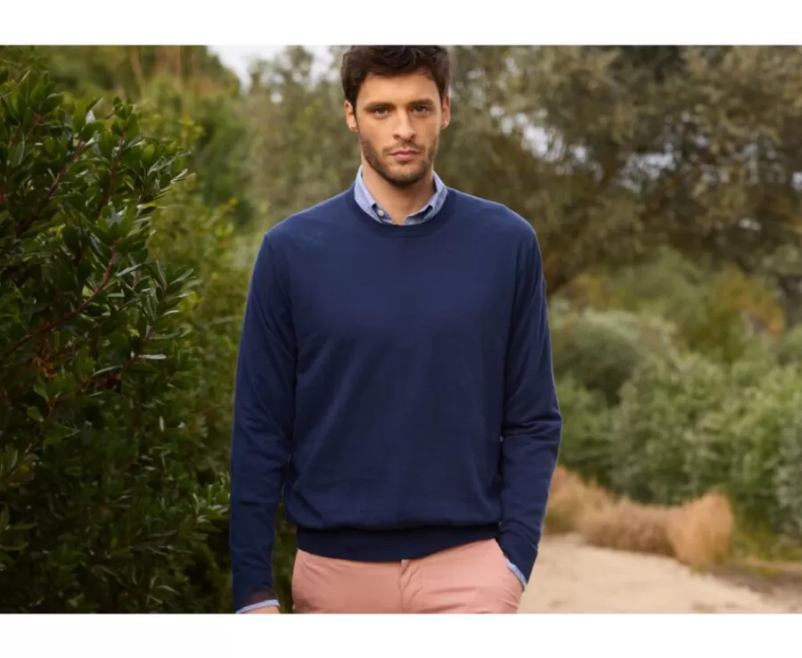 Outlet Jersey de hombre Algodón orgánico/lino Navy Vaquero Clindmir Jerséis Cuello Redondo | Jerséis Algodón-lino